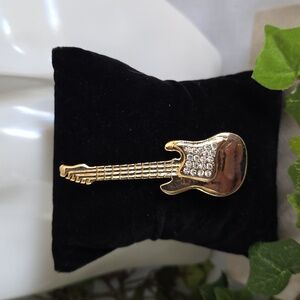 Gold with Rhinestone Brooch Pin Guitar Design